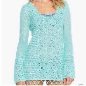 Lilly Pulitzer Athena Tunic Crystal Water Aqua Crochet Knit Pom Cover Up medium